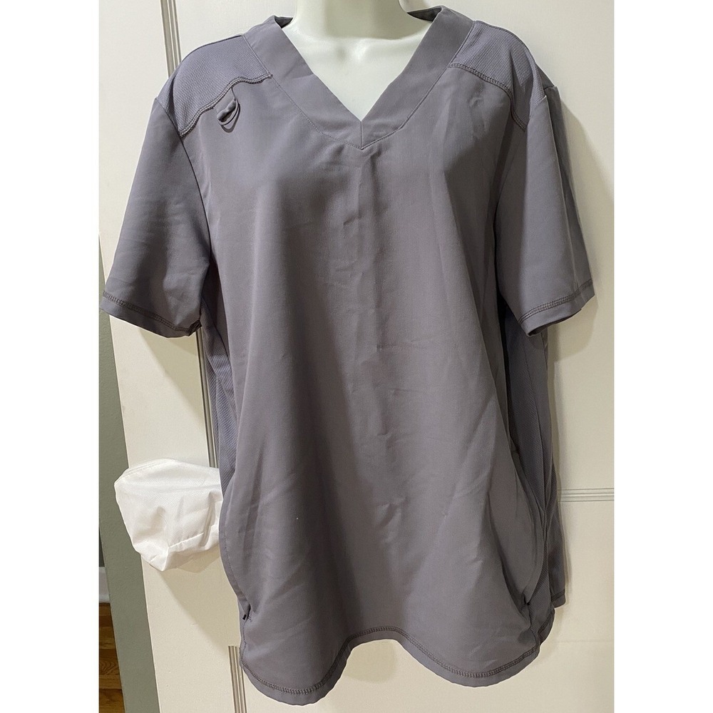 Jaanuu Gray Scrub Top V-Neck Short Sleeve Zipper Pocket Medical Uniform